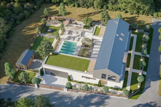 visualize residential garden, landscape layout, kids playground design, veranda
