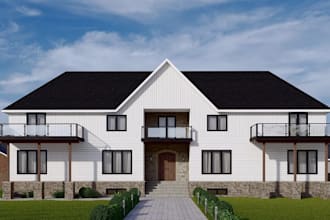 remodel 3d ranch house, 2bhk interior, furniture layout, cottage exterior render