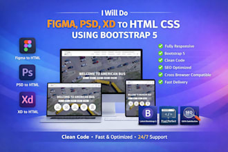 transform figma, psd, xd to html css using bootstrap 5