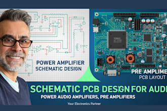 do a schematic and pcb, power audio amplifiers, pre amplifiers