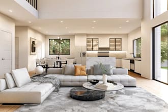 rendering house interior, living room, kitchen, redesign floor plan in sketchup