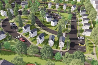 render architectural house 3d exterior, tiny homes design, community landscaping