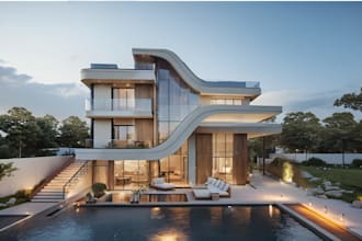 do 3d cgi glass house, glass villa, transparent architecture design