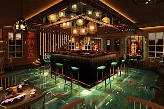 modern 3d interior restaurant,classy decor,soft lighten,plenty parking space,bar