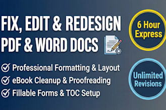 create, fixing, update, proofread, or redesign PDF, word, and book documents