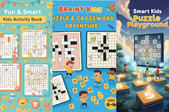 create activity puzzle book, crossword, word search, sudoku games and book cover
