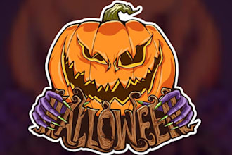 do awesome halloween pumpkin with zombie head mascot logo design