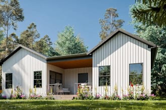 model modern farmhouse exterior, farmstead, barn design, animal house render