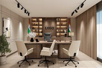 redesign commercial office cabin, workspace layout, office reception, cgi render
