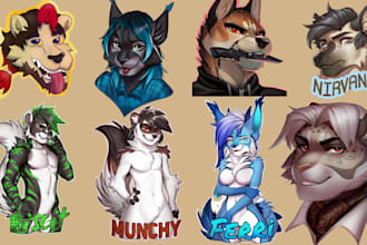draw furry ych, furry fursona headshot, furry badges furry stickers or emotes