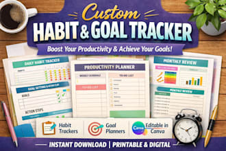 design canva habit tracker, wellness and goal planner and self care templates