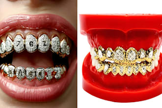 do custom grillz, cad, 3d jewelry design, rings, pendant,teeth jewelry rendering