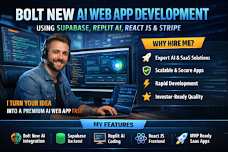 bolt new ai web app development using supabase, replit ai, reactjs and stripe