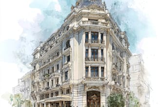 sketch architecture building with watercolor rendering