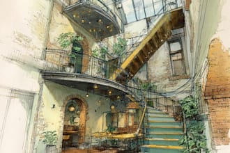 sketch design your interior room in my watercolor style