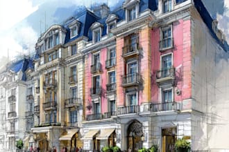 sketch architecture building with watercolor rendering