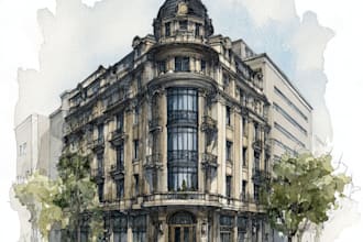 sketch architecture building with watercolor rendering
