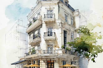 sketch architecture building with watercolor rendering