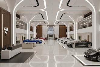 design 3d car showroom, showroom, car stand, interior design