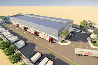 3d warehouse,park layout,industrial loading dock,exterior rendering,walkthrough