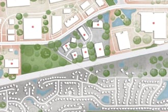 build 3d urban space development, site plan aerial view render, map illustration