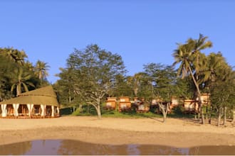design 3d beach resort, glamping dome render, retreat house visualization, vray