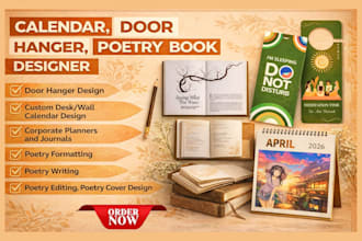 design calendar, door hanger design, poetry book formatting, poetry book cover