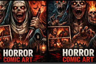 draw horror comic illustrations, dark art characters, gothic fantasy, creepy art