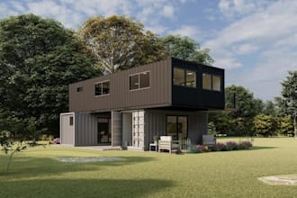 visualize 3d shipping container home,tiny house interior, prefab metal rendering