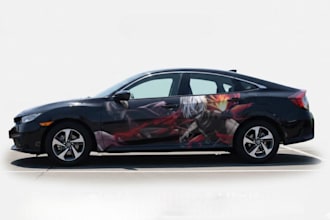 do stunning professional anime racing car, itasha wrap design, itasha design