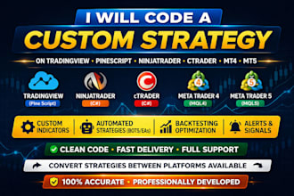 code a custom strategy on tradingview pinescript, ninjatrader, ctrader, mt4, mt5