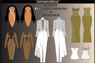 do technical flat sketch, tech pack, cad and garments design
