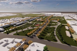 render urban landscape site, public park space layout, entertainment area design