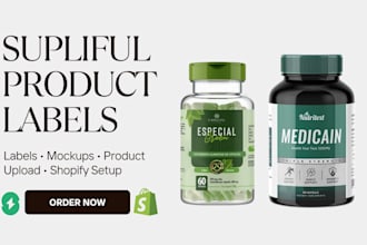 design supliful product labels, upload products, build supliful shopify website