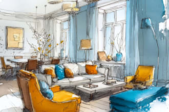 sketch design your interior room in my watercolor style