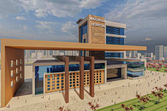 render3d medical center,hospital complex,glass facade,healthcare plaza,landscape