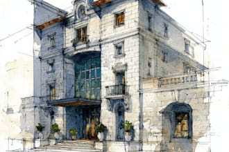 sketch architecture building with watercolor rendering