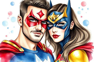 make watercolor super hero couple portrait art