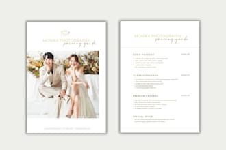 design a photography pricing guide, pricing list, sell sheet