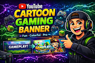 design cartoon style gaming youtube banner and channel art