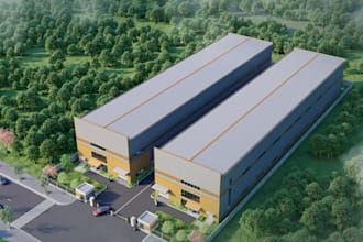 3d industrial park master plan,factory exterior,cgi render,walkthrough landscape