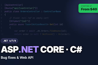 fix bugs and build rest apis in asp net core c sharp and net 8