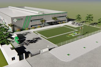 3d sketchup factory,facility park space,industrial exterior render,walkthrough