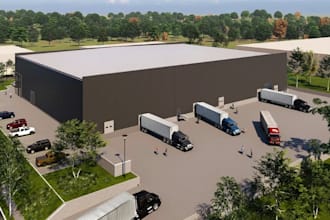 3drender warehouse exterior,truck yard parking area,industrial space,walkthrough