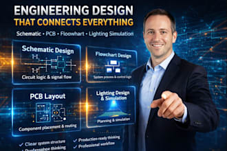 design schematic diagram, flowchart, pcb layout, lighting design and simulation