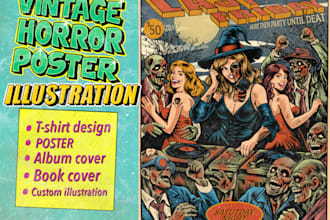 create vintage horror poster and retro comic illustration