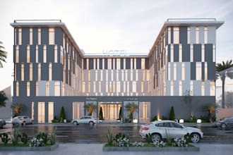 opulent five star commercial hotel, modern exterior design, street views render