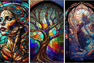 draw colored stained glass art glasswork for cover nature novel animal stained