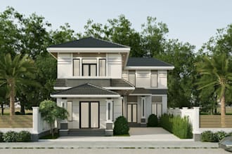 create 2 story villa exterior,residential building facade,cgi tropical landscape