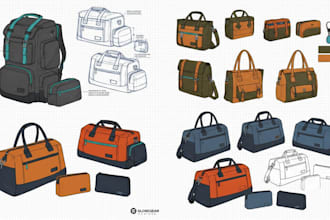 design fashion tech packs, clothing flat sketches, backpack and bag tech packs